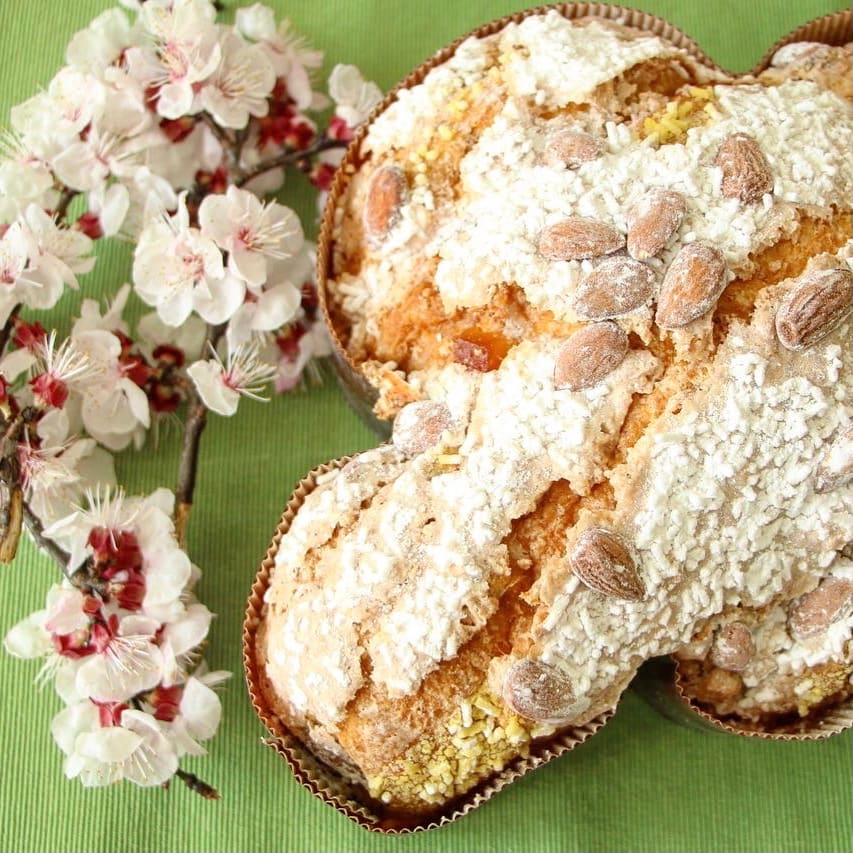 Fette di colomba pasquale tra rami di fiori bianchi