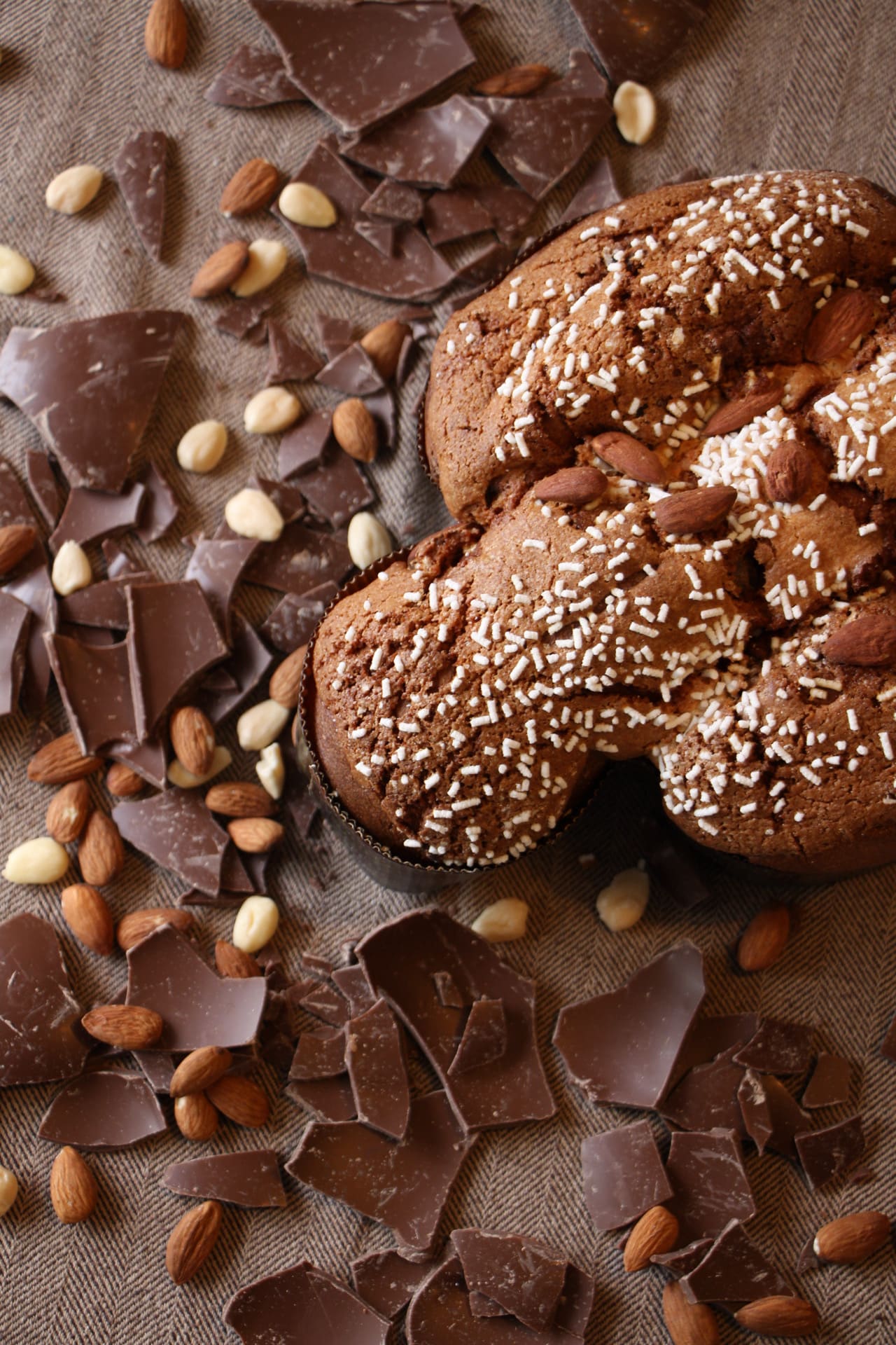Colomba pasquale glassata al cioccolato con granella di mandorle